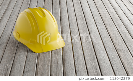 Yellow Hard Hat on a Wood Background with Room for Text. Yellow Hard Hat on a Wood Background with Room for Text. 118042279