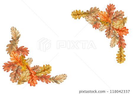 Frame with a border of autumn bright orange, yellow, yellow, brown oak leaves. Watercolor botanical illustration. Frame template with foliage, acorns for harvest festival, Thanksgiving, Halloween 118042337