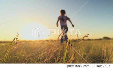 Feet legs of child kicking soccer ball. Child kid girl playing football alone at sunset in yellow autumn spring field. Cheerful happy kid child girl enjoying sunset game, playing soccer, having fun. Feet legs of child kicking soccer ball. Child kid girl playing football alone at sunset in yellow autumn spring field. Cheerful happy kid child girl enjoying sunset game, playing soccer, having fun. 118042603