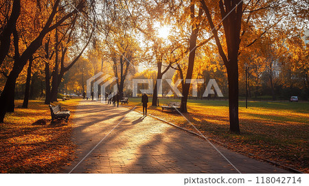 秋天公園裡的落葉和陽光透過樹葉過濾 118042714
