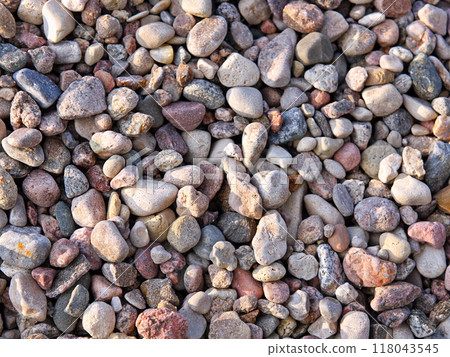 Background, texture, pattern with stones, gravel, rubble. Industry and production of materials for landscape design and construction Background, texture, pattern with stones, gravel, rubble. Industry and production of materials for landscape design and construction 118043545