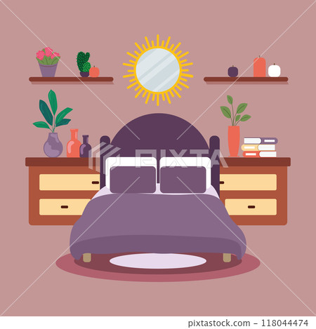 Cozy bedroom with double bed and warm decor Vector Cozy bedroom with double bed and warm decor Vector 118044474