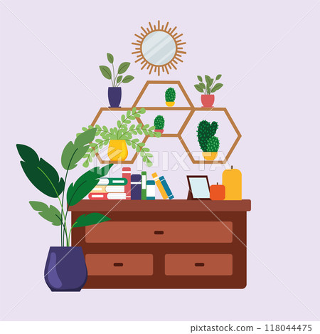 Modern bookshelf decor with plants and mirror Vector Modern bookshelf decor with plants and mirror Vector 118044475