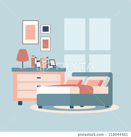 Cozy bedroom with double bed and warm decor Vector 118044481