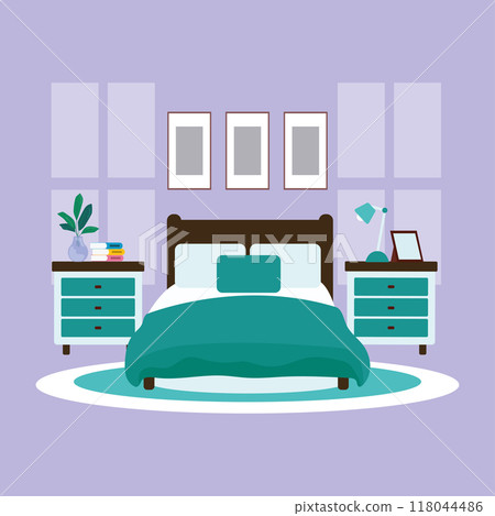 Cozy bedroom with double bed and warm decor Vector Cozy bedroom with double bed and warm decor Vector 118044486