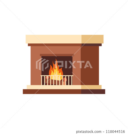 Cozy fireplace with burning fire in flat design Vector 118044516