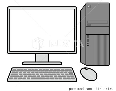 Illustration of a desktop computer with a simple keyboard, seen from the front Illustration of a desktop computer with a simple keyboard, seen from the front 118045130