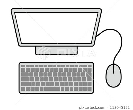 A simple illustration of a computer monitor, keyboard and mouse seen from above 118045131