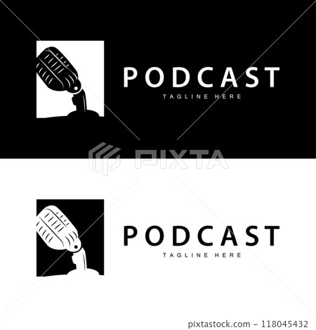 Podcast Logo, Vector, Headset and Chat, Simple Vintage Microphone Design 118045432
