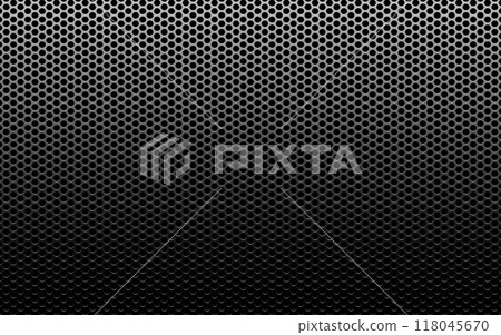 Perforated metal texture. Dark carbon background. Black steel with light effect. Futuristic surface with holes. Modern industrial design for poster or banner. Vector illustration 118045670