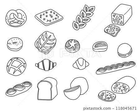 A set of line drawings of various breads A set of line drawings of various breads 118045671