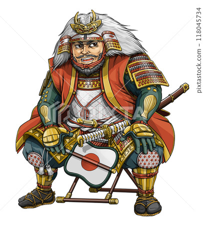 武田信玄坐在地上,拿著槍白 武田信玄坐在地上,拿著槍白 118045734