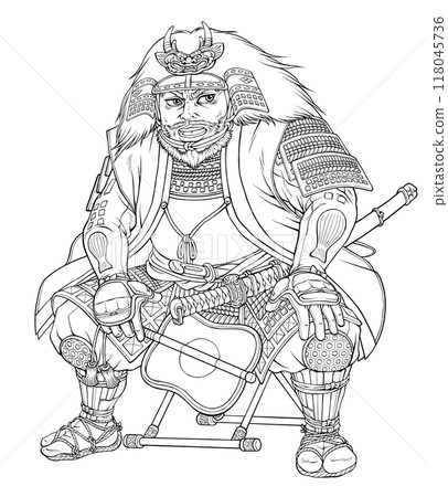 武田信玄坐在壁龕上拿著槍的線條畫 118045736