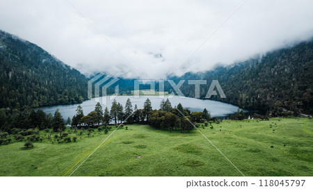 Aerial footage of beautiful high altitude forest lake mountain landscape 118045797