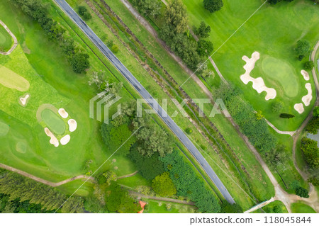 Aerial view drone shot of beautiful golf field High angle view 118045844
