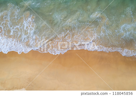 Beautiful sea beach and waves texture in sunny summer day background,Phuket Thailand,Top view beach 118045856