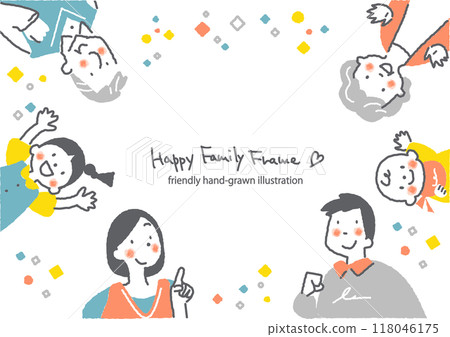 幸福的三代家庭框架-色彩繽紛、時尚的手繪插畫 118046175