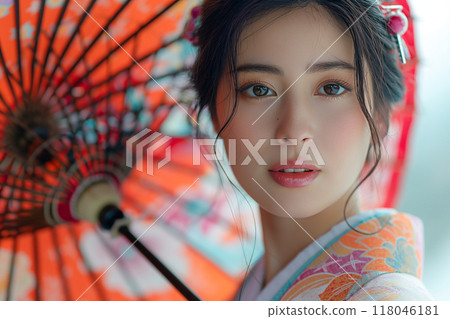 Background 1 of a woman wearing a kimono and a Japanese umbrella AI-generated image 118046181