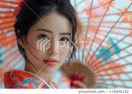 Background 2 of a woman wearing a kimono and a Japanese umbrella AI-generated image 118046182