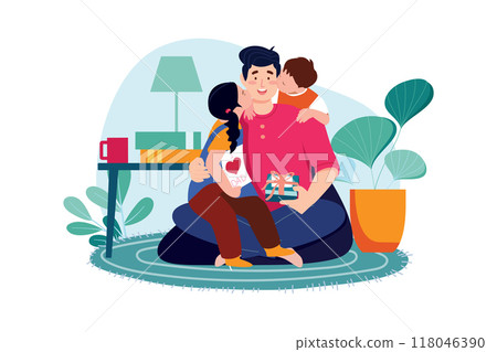 Son and daughter kiss their happy father's cheeks from both sides 118046390