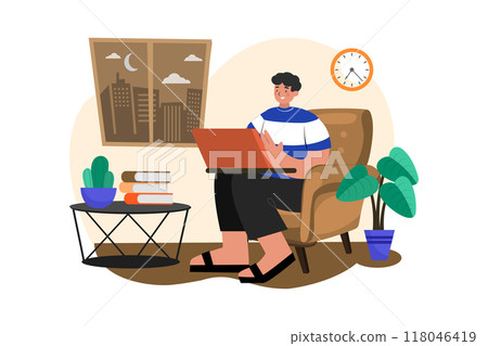 Man working on his laptop on the sofa at home Man working on his laptop on the sofa at home 118046419