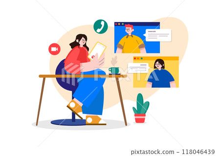 Lady doing online meeting on a tablet with coffee cup on the desk 118046439