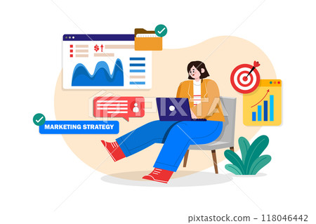 Businesswoman working on marketing strategy while seating on the swing Businesswoman working on marketing strategy while seating on the swing 118046442