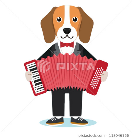 Beagle wearing a tuxedo playing the accordion 1 / Flyer or poster material 118046566
