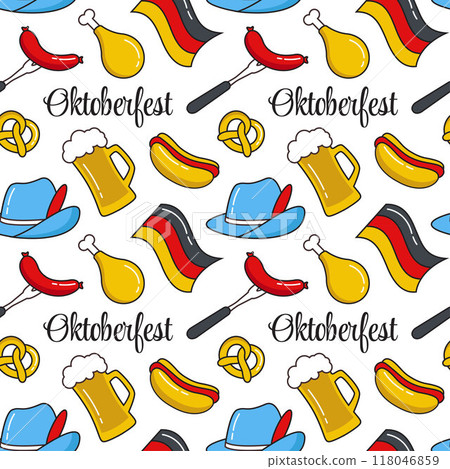 Festive Oktoberfest Seamless Pattern Design with Beer, Sausages and Pretzels Flat Cartoon Illustration Festive Oktoberfest Seamless Pattern Design with Beer, Sausages and Pretzels Flat Cartoon Illustration 118046859