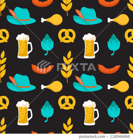 Festive Oktoberfest Seamless Pattern Design with Beer, Sausages and Pretzels Flat Cartoon Illustration Festive Oktoberfest Seamless Pattern Design with Beer, Sausages and Pretzels Flat Cartoon Illustration 118046860