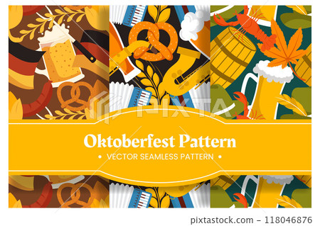 Festive Oktoberfest Seamless Pattern Design with Beer, Sausages and Pretzels Flat Cartoon Illustration 118046876