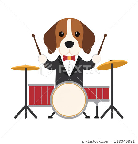 Beagle 6 wearing a tuxedo playing percussion / Material for flyers and posters 118046881