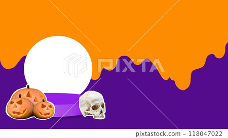 A Halloween themed background with a skull, a pumpkin and a pumpkin lantern 118047022