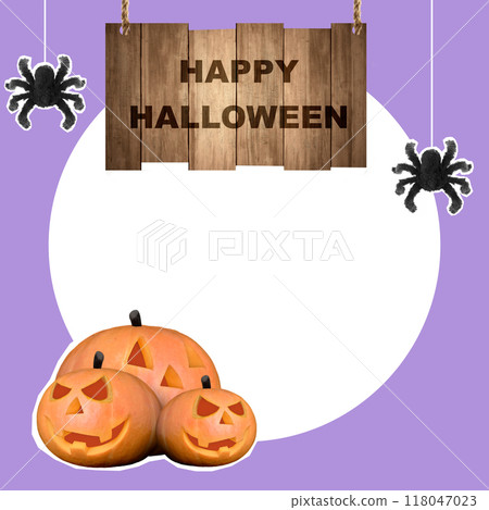 A sign that says Happy Halloween hangs above a picture of three pumpkins 118047023