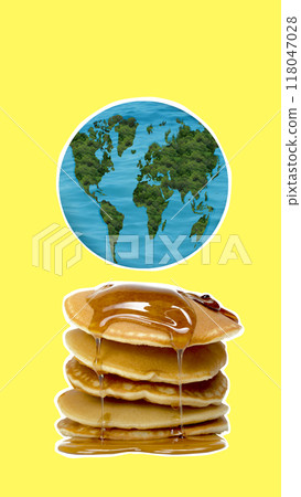 A stack of pancakes with a world map on top A stack of pancakes with a world map on top 118047028