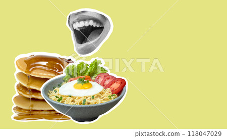 A yellow background with a stack of pancakes and a bowl of ramen A yellow background with a stack of pancakes and a bowl of ramen 118047029