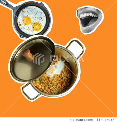 A pan of ramen noodles with eggs on it 118047032