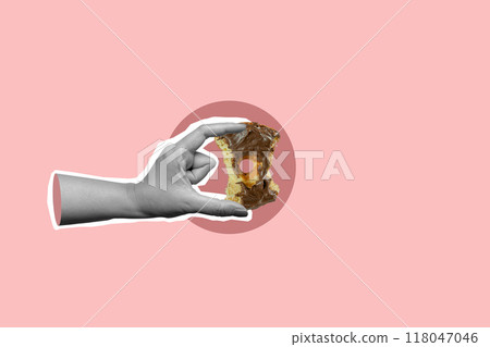A hand holding a donut with a bite taken out of it 118047046