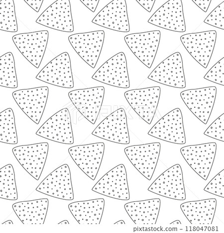 Outline Mexican Nachos chips Seamless pattern. Isolated decorative wallpaper background texture Outline Mexican Nachos chips Seamless pattern. Isolated decorative wallpaper background texture 118047081