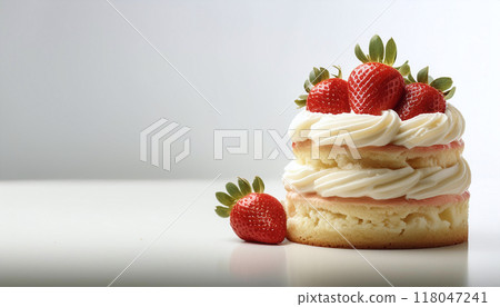 Image of a small strawberry shortcake with white whipped cream Copy space available Image of a small strawberry shortcake with white whipped cream Copy space available 118047241