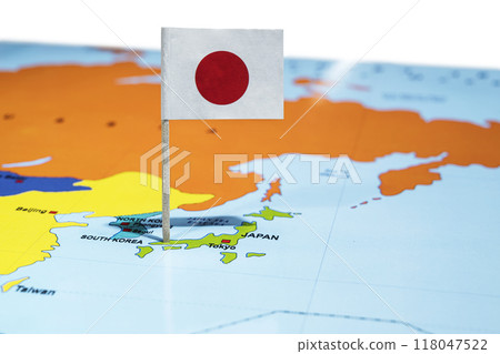 A map of Japan with a Japanese flag on it 118047522