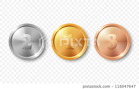 Vector 3d Realistic Blank Golden, Silver and Bronze Award Medal Set, Closeup, Isolated. Design Template for Certificates, Awards. Front View 118047647