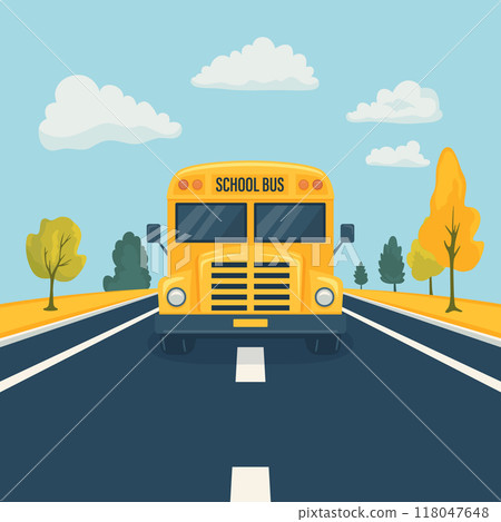 Cartoon School Bus Driving on Road, Front View. Back to School Concept Banner. Yellow School Bus Illustration. Back to School Bus. Vector Illustration 118047648