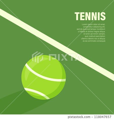 Flat Vector Tennis Ball Icon is on the Green Tennis Court. Tennis Ball Design Template, Sports Concepts, Competition Promotions, Advertisements, Graphics for a Tennis Event. Sports Background 118047657