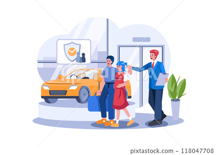 Car showroom manager giving detail about the car to a couple 118047708
