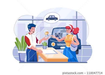 Showroom manager giving new car key to the buyer Showroom manager giving new car key to the buyer 118047714