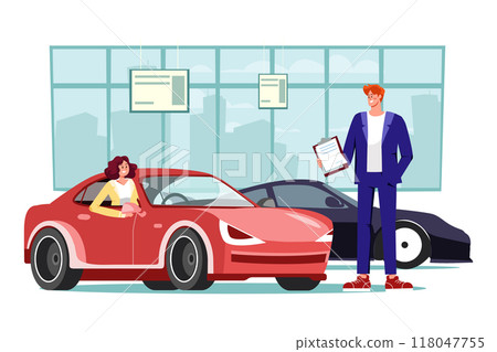 Young woman testing a car in a car showroom Young woman testing a car in a car showroom 118047755