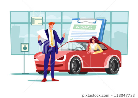 Beautiful young woman in a red car is talking to a car insurance salesman 118047758