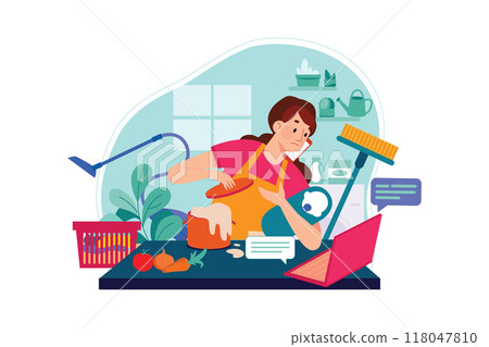 Woman doing Multitasking while working from home 118047810