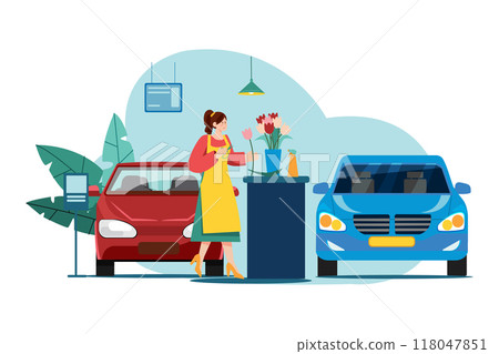 Woman with flowers in a car showroom 118047851